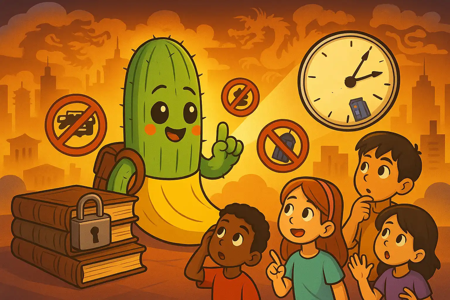 Illustrazione cartoon di Bananictus, metà banana e metà cactus, circondato da bambini curiosi, simboli di divieto legati ai viaggi nel tempo, un grande orologio e libri con lucchetto, sullo sfondo di una città cinese con draghi stilizzati.