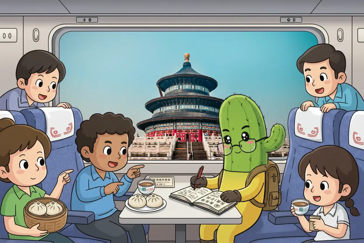 Illustrazione di Bananictus, un personaggio metà banana e metà cactus, seduto su un treno in Cina mentre scrive su un diario; attorno a lui ci sono bambini che mangiano bao e lo osservano incuriositi, con il Tempio del Cielo visibile dal finestrino.